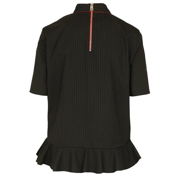 Zara Pinstriped Frilled Top Ruffle Striped High Mock Neck Peplum Back Zip Blouse - Picture 7 of 10